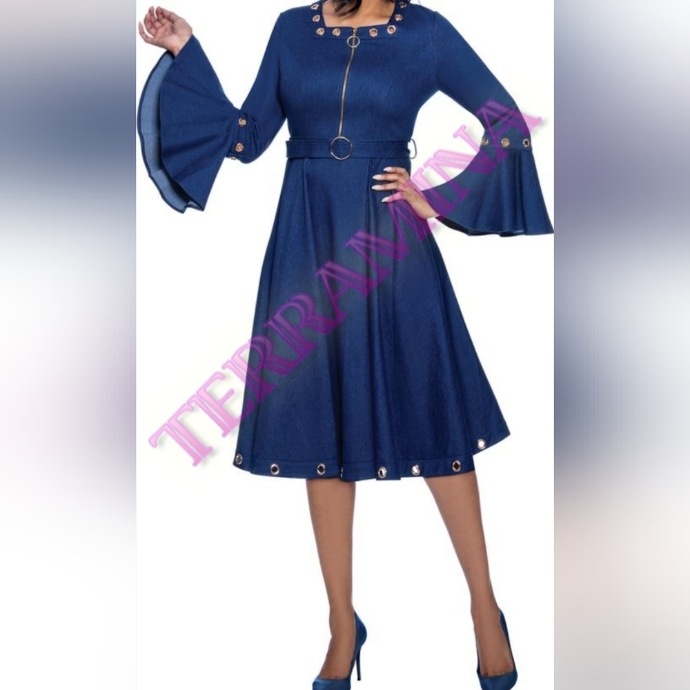 Terramina Denim, Bell Sleeve, Flare Midi Dress With Grommets 8